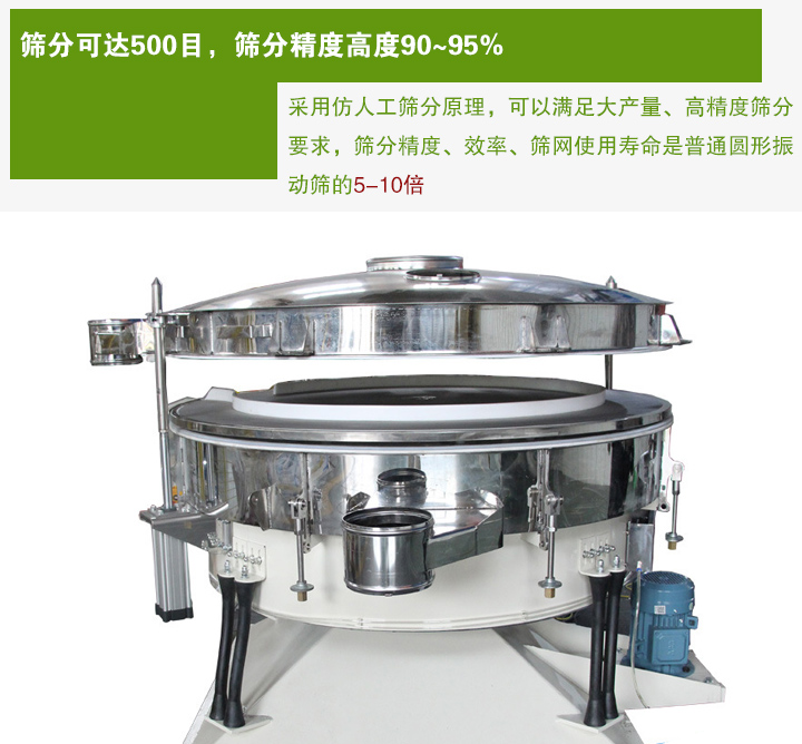搖擺篩分機(jī)采用仿人工篩分原理，可以滿足大產(chǎn)量、高精度篩分 要求，篩分精度、效率、篩網(wǎng)使用壽命是普通圓形振 動篩的5-10倍